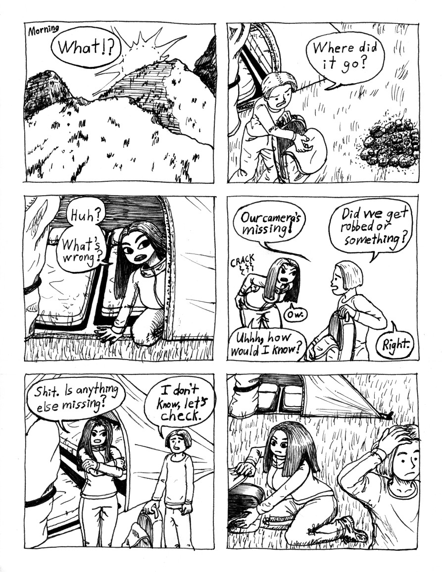 Comic page of a couple who sets up camp and starts looking for their lost camera.