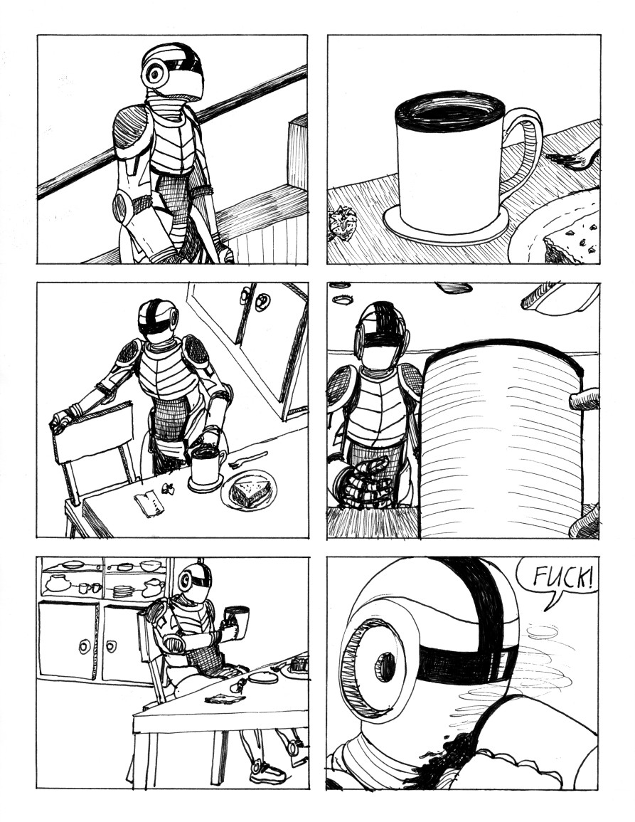 Six panel comic of a robot who wants to drink coffee, but he can't.